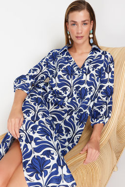 Etnik Desenli Genis Kal?p Dokuma %100 Pamuk Midi Plaj Elbisesi TBESS22EL0009