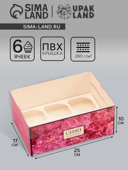 Цена за 5 шт. Коробка для 6 капкейков с прозрачной крышкой, Сияй от счастья, 23?16?10 см