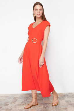 K?rm?z? Kemerli Etegi Belden Ac?lan Midi Krep Dokuma Elbise TWOSS24EL00018 - Trendyolmilla фото 2