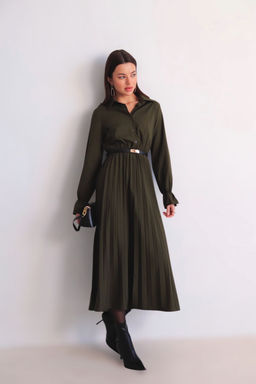 Martichelli Платье рубашка с юбкой-плиссе хаки фото 3