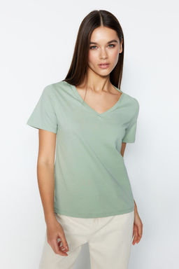 Pembe-Mint %100 Pamuk 2li Paket Basic V Yaka Orme T-Shirt TWOSS23TS00002