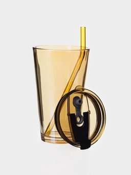 Стакан Доляна «Хеппи», 500 мл, 9×18.5 см, с крышкой и трубочкой, стекло, жёлтый