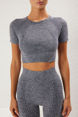 Lacivert Crop Seamless/Dikissiz Bisiklet Yaka Orme Spor Ust/Bluz TWOSS21BZ1419