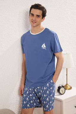 Trendyolmilla Man Mavi Slim Fit Bask?l? Orme Sortlu Pijama Tak?m? TMNSS25PT00031