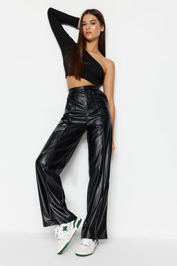 TRENDYOLMILLA Siyah Suni Deri Wide Leg/Genis Paca Nervurlu Yuksek Bel Pantolon TWOSS23PL00131  фото 2