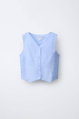 CHALECO NIDO DE ABEJA CON LINO / Azul cielo