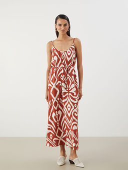 V Yaka Desenli Ask?l? Elbise