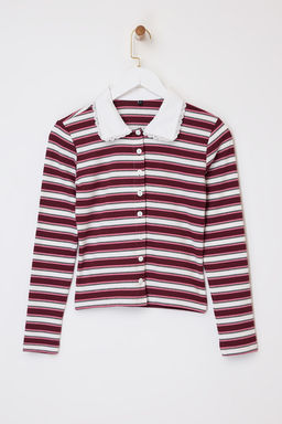 Cok Renkli Cizgili Fitted/Vucuda Oturan Polo Yaka Dugmeli Fitilli Esnek Orme Bluz TWOSS26BZ00067