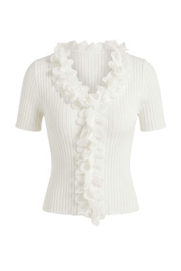 Ekru Tul Cicek V Yaka Detayl? Triko Bluz TWOSS26BZ00114