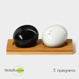 Набор для специй на деревянной подставке BellaTenero Камни, 2 предмета: солонка 30 мл, перечница 30 мл, фарфор, бамбук, белый, чёрный