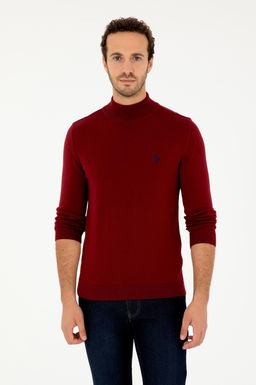 Erkek Slim Fit Yar_m Bo_azl_ Bordo Basic Kazak