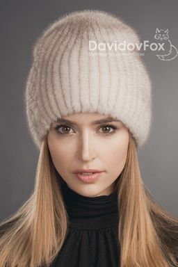 Шапка Бини норка орнамент светлый кизил