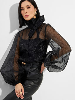 Блузка из органзы с мушками и галстуком OD-986-1 черный