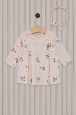 K_z Bebek Bej _i_ek Desenli Dantel Yaka Elbise Bandana 2li Set