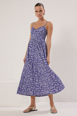 Mavi Cicek Bask?l? Ask?l? V Yaka Buzgulu Etegi Volanl? Fitilli Esnek Maxi Orme Elbise TWOSS25EL00239 - Trendyolmilla фото 5