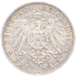 Монета 3 марки 1911 года F Германия (Вюртемберг) 25 лет свадьбе Вильгельма II и Шарлотты