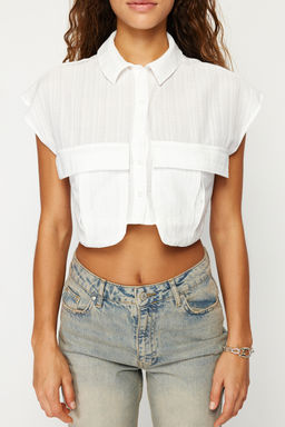 Ekru Onu Cepli Crop Regular Normal Kal?p Dokuma Gomlek TWOSS24GO00046 - Trendyolmilla фото 5