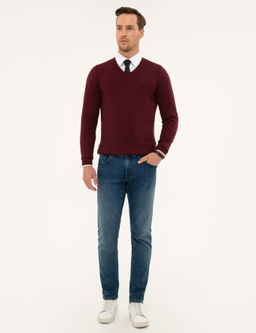 Bordo Slim Fit V Yaka Basic Triko Kazak