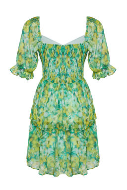 Yesil Cicekli Etegi Volanl? Skater/Belden Ac?lan Sifon Mini Astarl? Dokuma Elbise TWOSS22EL2772