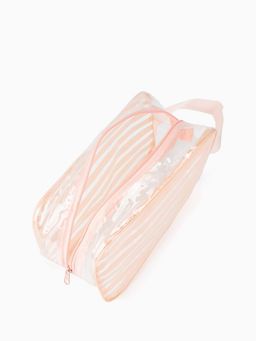 Косметичка на молнии для бассейна, с ручкой, матовая, средний размер, в полоску, розовая