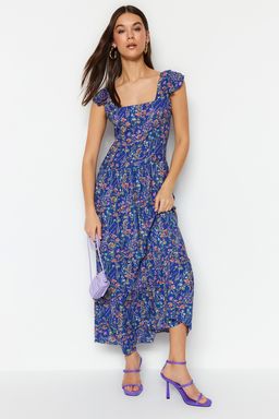 Mavi Cicek Desenli Kare Yaka A Kesim Viskon Midi Dokuma Elbise TWOSS20EL3331