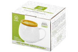 Кружка 400 мл 12,5*10*9,7 см "Веточки-цветочки" бочонок с крышкой - бамбуковой подставкой