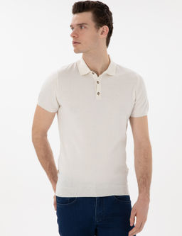 Ekru Slim Fit D__meli Polo Yaka Triko Ti__rt
