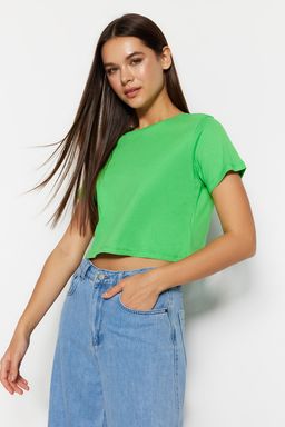 Mavi-Yesil 2li Paket %100 Pamuk Crop Bisiklet Yaka Orme T-Shirt TWOSS20TS1480