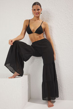 Siyah Dokuma Volanl? %100 Pamuk Maxi Plaj Yuksek Bel Pantolon TBESS25PL00003