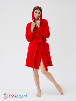 Махровый женский укороченный халат с капюшоном красный МЗ-01 (67)