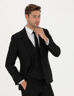 Siyah Slim Fit Yelekli Tak_m Elbise