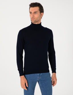 Lacivert Slim Fit Y_n Kar___ml_ Bal_k__ Yaka Basic Triko Kazak
