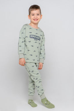 К 1581/темно-оливковый,маленькие динозавры пижама для детей ясельного возраста (фуфайка дл.рукав+брю