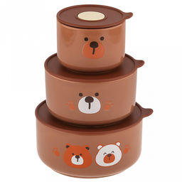 Три медведя Салатник-контейнер фарфоровый, набор 3 штуки: 300мл, д9,3х6,8см; 580мл, д12,6х7,1см; 820мл д14,9х7,3см, цветной, цвет - капучино, пластмассовая крышка, герметичная, с пароотводом, в подарочной коробке (Китай)