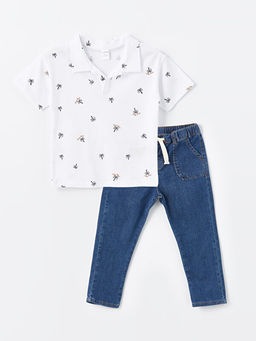 K?sa Kollu Bask?l? Erkek Bebek Ti??rt ve Jean Pantolon 2li Tak?m