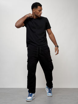 Джинсы карго мужские с накладными карманами черного цвета 2421Ch