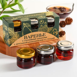 Набор варенья с сосновыми шишками Графика: с брусникой, классическое, с грушей, 90 г (3 шт. х 30 г).