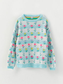 Bisiklet Yaka Desenli Uzun Kollu K?z ?ocuk Triko Kazak