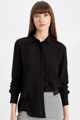Regular Fit Basic Duz Uzun Kollu Siyah Gomlek