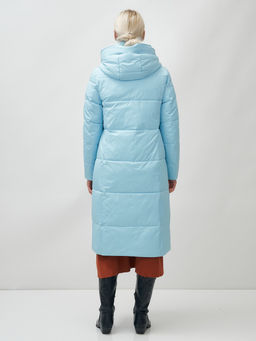 Пальто утепленное стеганное зимнее с капюшоном женское голубого цвета 9601Gl