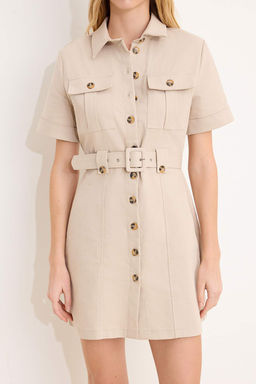 Bej Kemerli Mini Gabardin Dokuma Gomlek Elbise TWOSS26EL00117