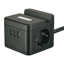 S-GCD2-1,5SBUH BLACK Удлинитель серии Standard, с/з, шнур 1,5м, 2 гнезда, 3 USB, 16А, держатель для телефона. Черный. ТМ Uniel