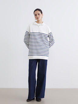 Dik Yaka ?izgili Kad?n Kal?n Sweatshirt Tunik