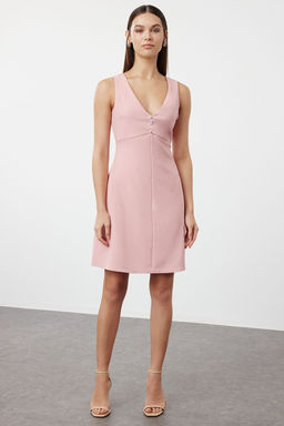 Pudra A Kesim Dugme ve S?rt? Fiyonk Detayl? Mini Dokuma Elbise TWOSS24EL00987