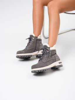 Ботинки 261.uno9gr.Серый замок замша+бежевый/байка