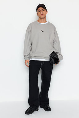 Gri Bisiklet Yaka Oversize/Geni_ Kesim __i Polar Dinozor Nak__ Sweatshirt TMNAW24SW00064 - Trendyolmilla фото 2