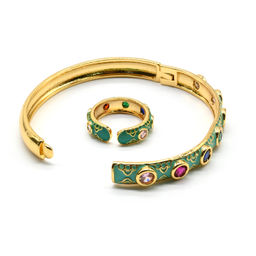 Браслет и кольцо на руку с эмалью и цирконами цв.мятный, 15см