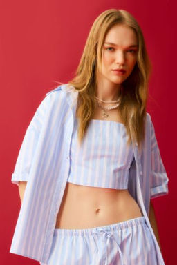 Coool Oversize Cizgili Poplin K?sa Kollu Gomlek