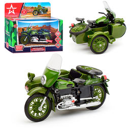 Модель металл Мотоцикл с коляской, Армия России 13 см, (свет-звук,зелен.,)в коробке