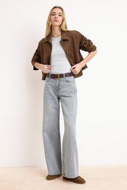 Premium Gri Ozel Kumas Normal Bel 100% Pamuk Wide Leg Genis Paca Jeans TWOSS26JE00156